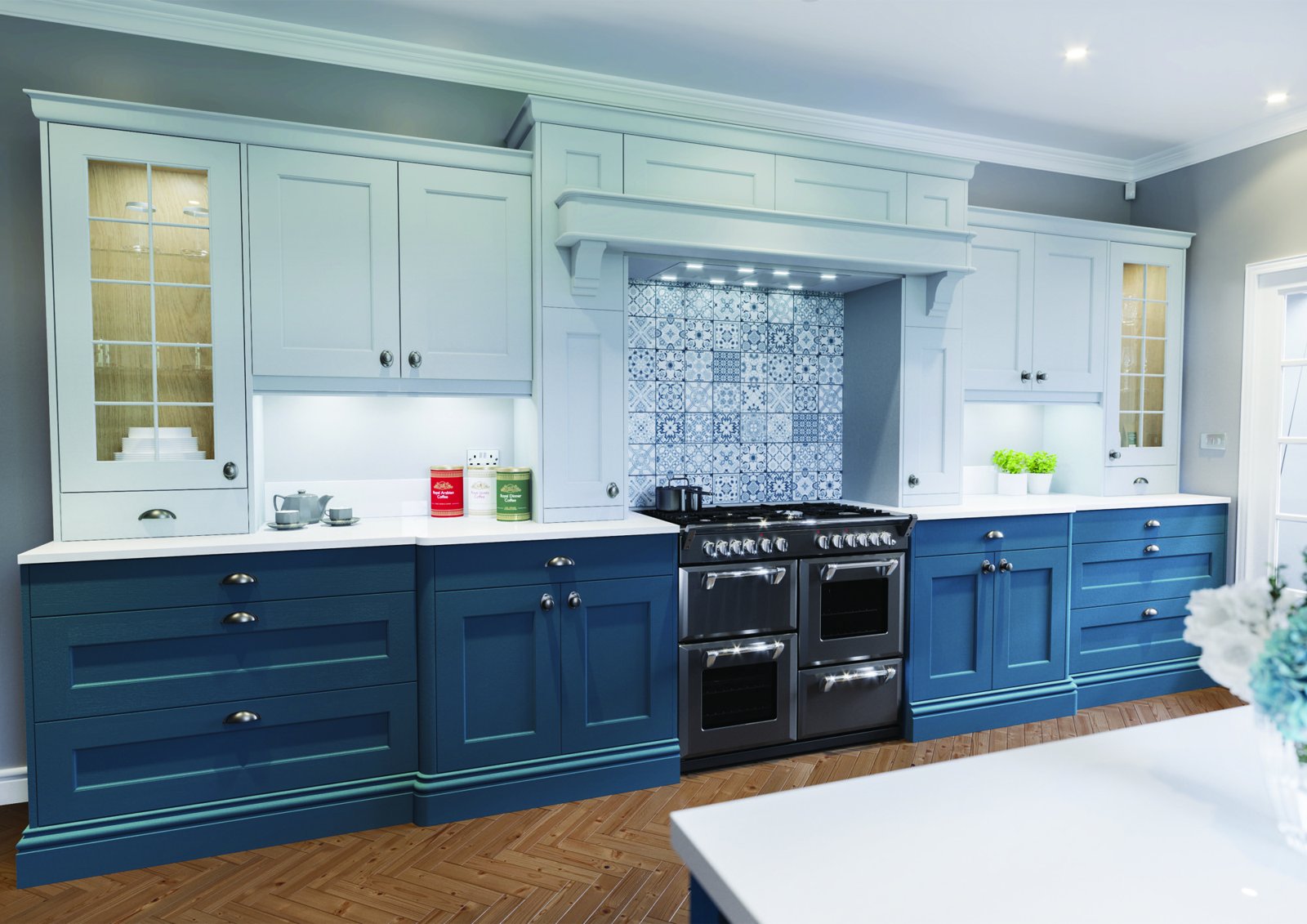 Classic British in-frame kitchen in deep navy with an oak worktop