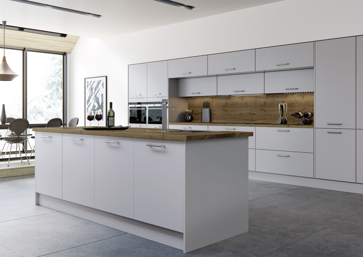 Dove grey matt kitchen with large island and timber worktop