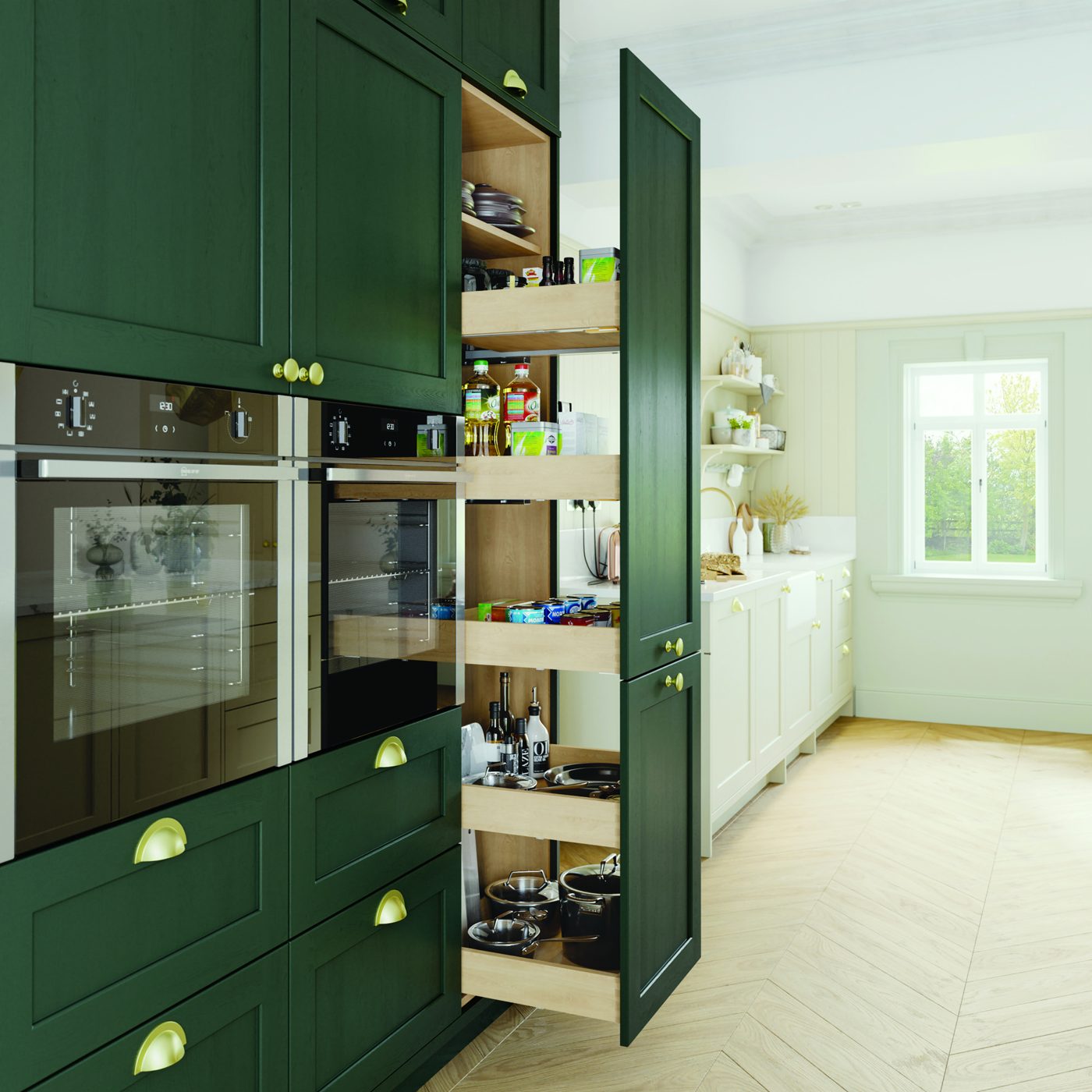 LochAnna shaker kitchen in green with a pull-out larder unit